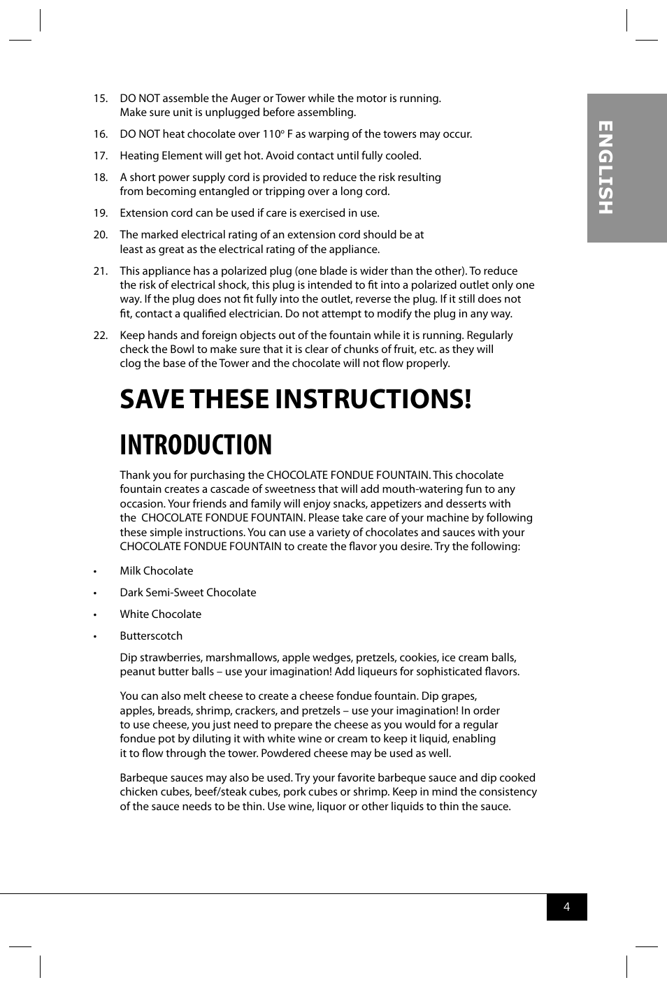 Introduction, Save these instructions, En g li s h | Nostalgia Electrics CFF965 User Manual | Page 6 / 28