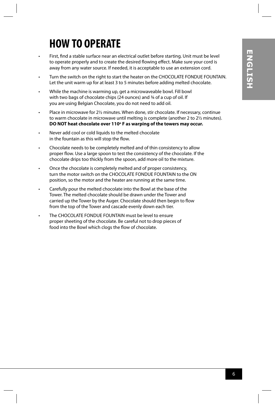 How to operate, En g li s h | Nostalgia Electrics CFF965 User Manual | Page 8 / 28