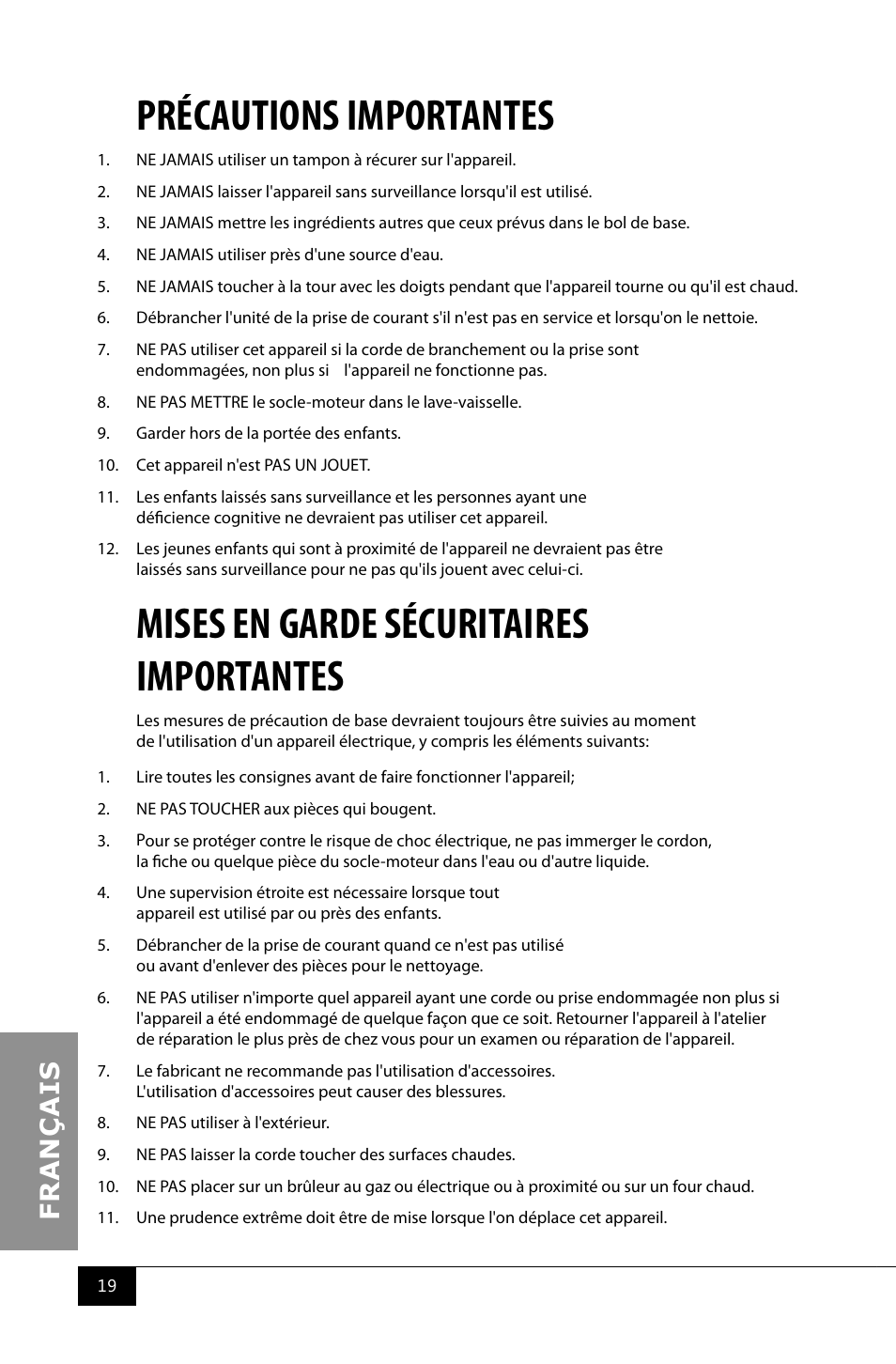 Précautions importantes, Mises en garde sécuritaires importantes | Nostalgia Electrics CFF960 User Manual | Page 21 / 28