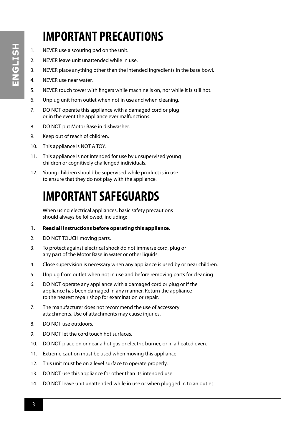 Important precautions, Important safeguards, En g li s h | Nostalgia Electrics CFF960 User Manual | Page 5 / 28