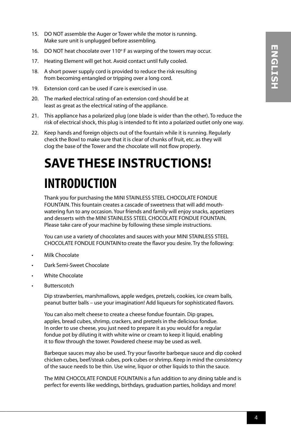 Introduction, Save these instructions, En g li s h | Nostalgia Electrics CFF960 User Manual | Page 6 / 28