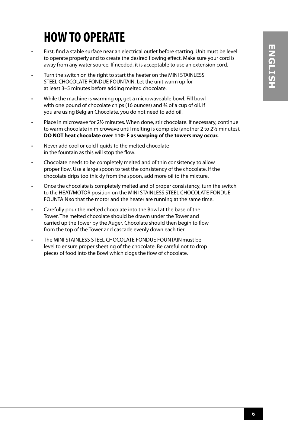 How to operate, En g li s h | Nostalgia Electrics CFF960 User Manual | Page 8 / 28