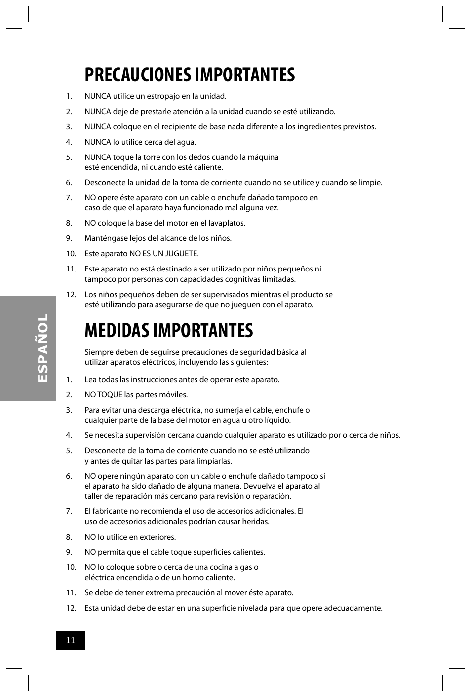 Precauciones importantes, Medidas importantes | Nostalgia Electrics CFF300 SERIES User Manual | Page 13 / 26
