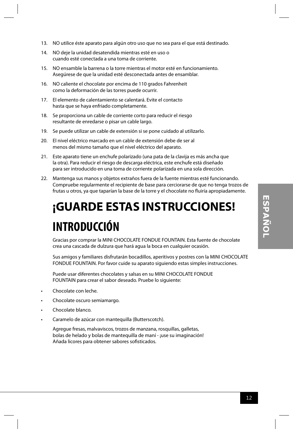 Introducción, Guarde estas instrucciones | Nostalgia Electrics CFF300 SERIES User Manual | Page 14 / 26