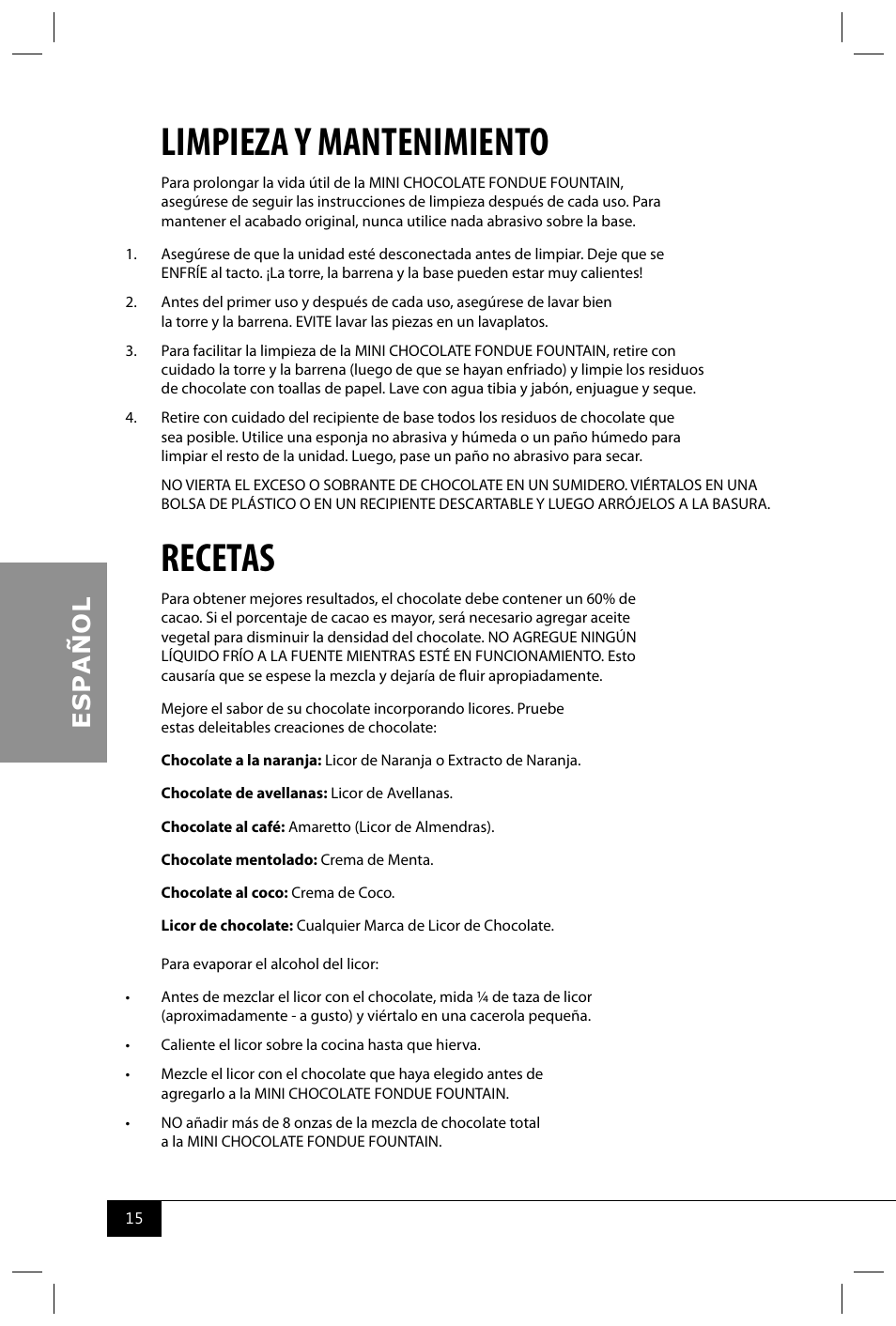 Limpieza y mantenimiento, Recetas | Nostalgia Electrics CFF300 SERIES User Manual | Page 17 / 26