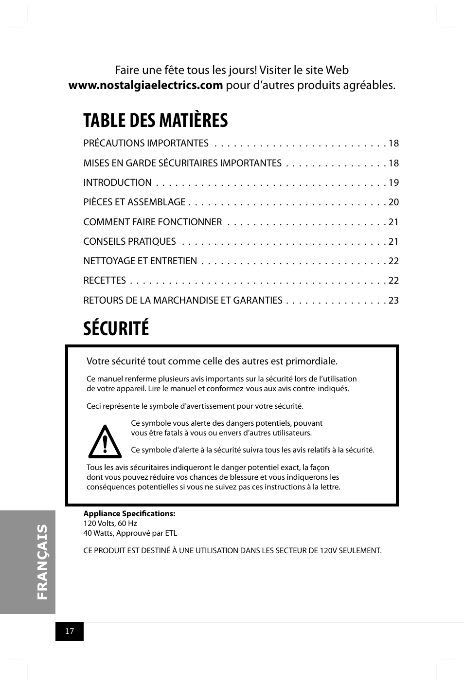 Nostalgia Electrics CFF300 SERIES User Manual | Page 19 / 26