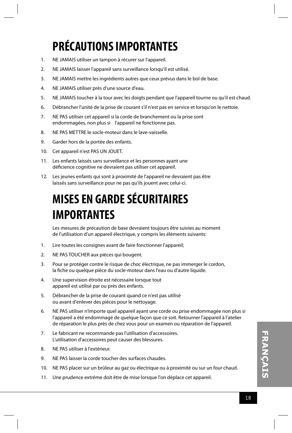Précautions importantes, Mises en garde sécuritaires importantes | Nostalgia Electrics CFF300 SERIES User Manual | Page 20 / 26