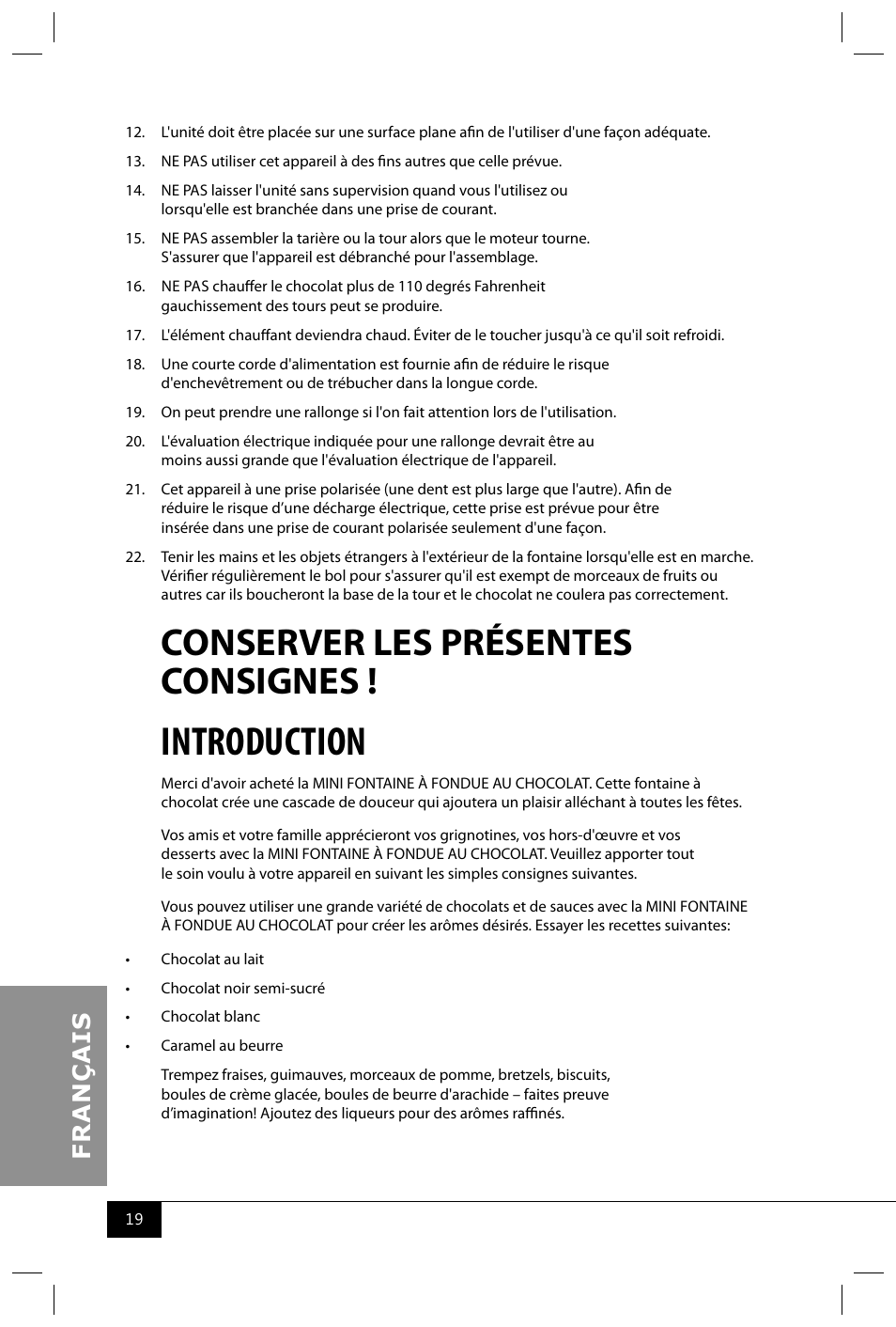 Introduction, Conserver les présentes consignes | Nostalgia Electrics CFF300 SERIES User Manual | Page 21 / 26