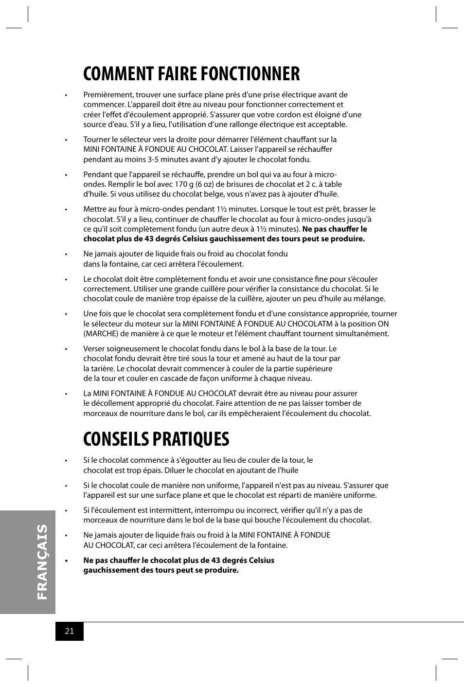 Comment faire fonctionner, Conseils pratiques | Nostalgia Electrics CFF300 SERIES User Manual | Page 23 / 26