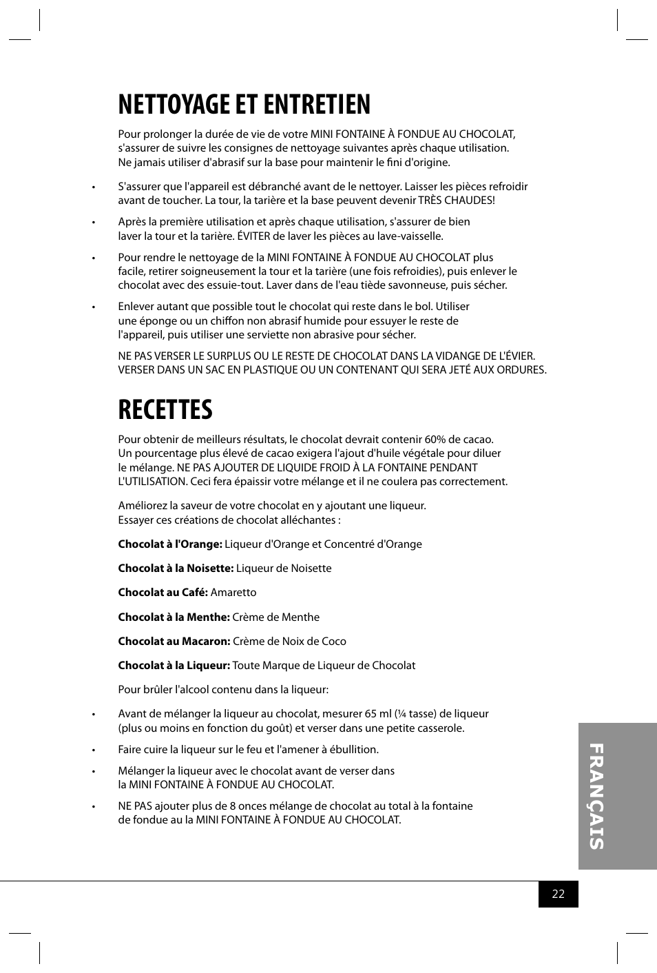 Nettoyage et entretien, Recettes | Nostalgia Electrics CFF300 SERIES User Manual | Page 24 / 26