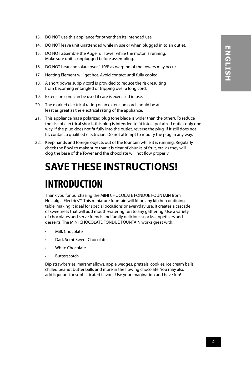 Introduction, Save these instructions, En g li s h | Nostalgia Electrics CFF300 SERIES User Manual | Page 6 / 26