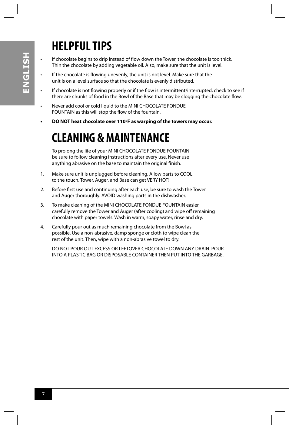 Helpful tips, Cleaning & maintenance, En g li s h | Nostalgia Electrics CFF300 SERIES User Manual | Page 9 / 26
