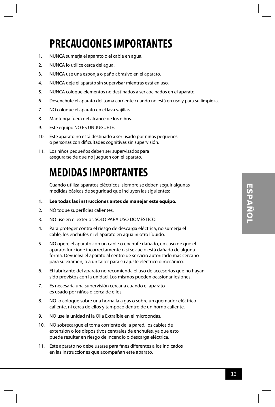 Precauciones importantes, Medidas importantes | Nostalgia Electrics CD070 User Manual | Page 14 / 30