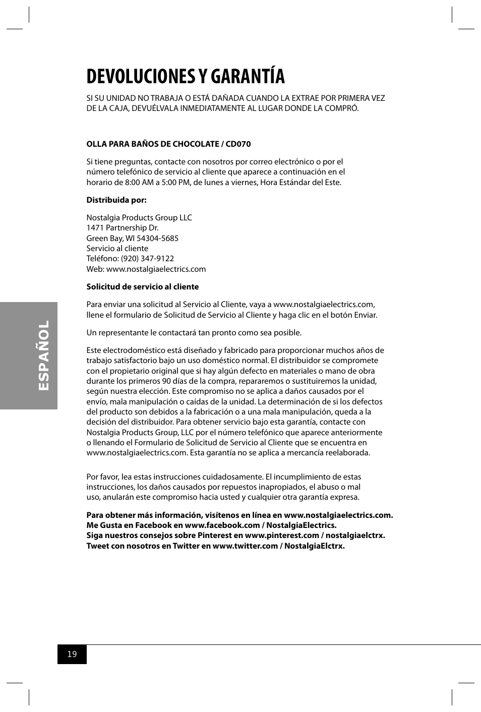 Devoluciones y garantía | Nostalgia Electrics CD070 User Manual | Page 21 / 30