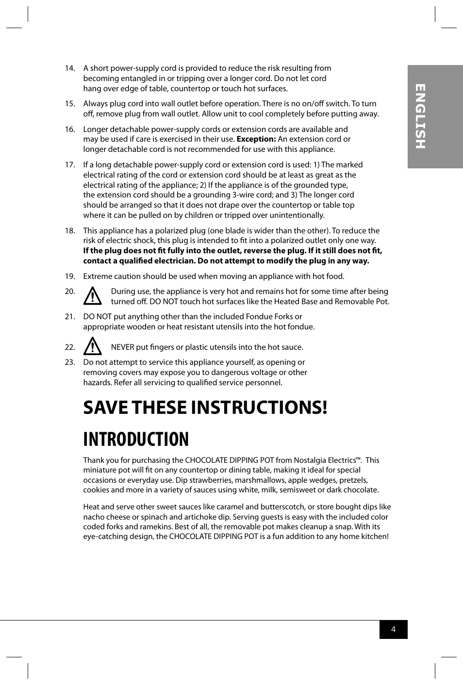 Introduction, Save these instructions, En g li s h | Nostalgia Electrics CD070 User Manual | Page 6 / 30