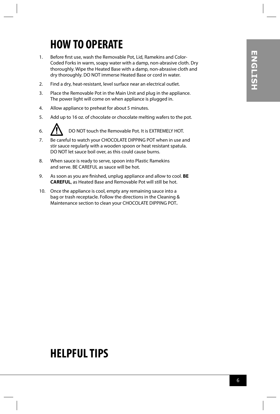 How to operate, Helpful tips, En g li s h | Nostalgia Electrics CD070 User Manual | Page 8 / 30