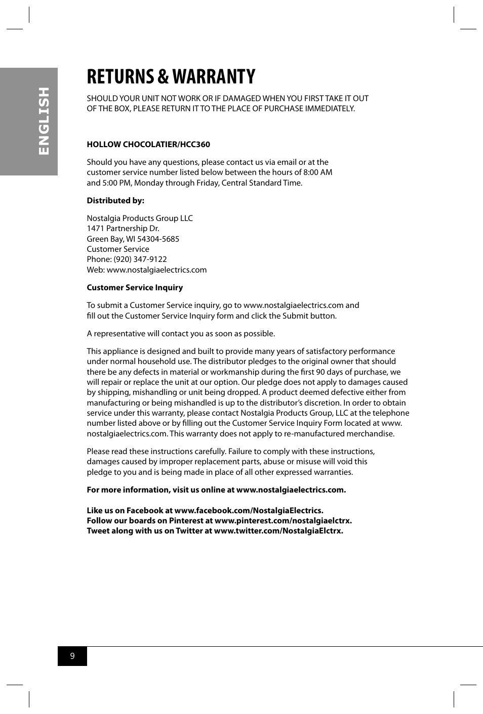 Returns & warranty, En g li s h | Nostalgia Electrics HCC360 User Manual | Page 11 / 28