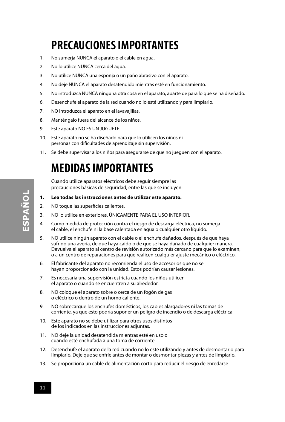 Precauciones importantes, Medidas importantes | Nostalgia Electrics HCC360 User Manual | Page 13 / 28