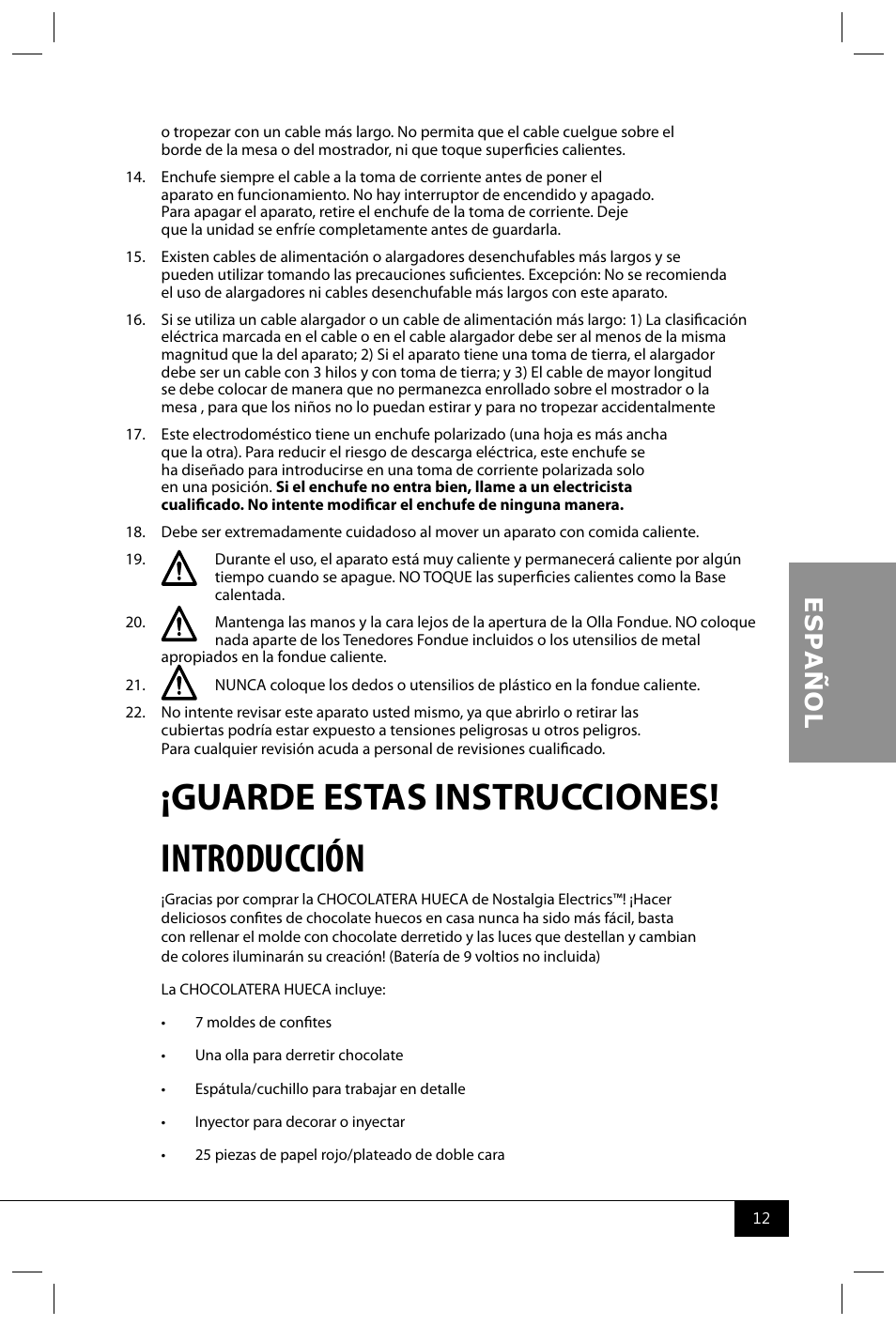Introducción, Guarde estas instrucciones | Nostalgia Electrics HCC360 User Manual | Page 14 / 28