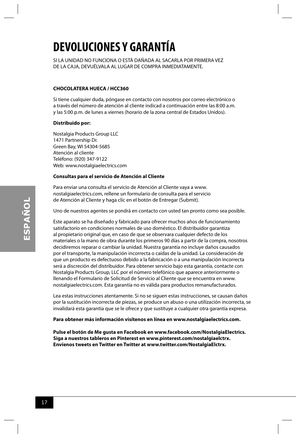 Devoluciones y garantía | Nostalgia Electrics HCC360 User Manual | Page 19 / 28