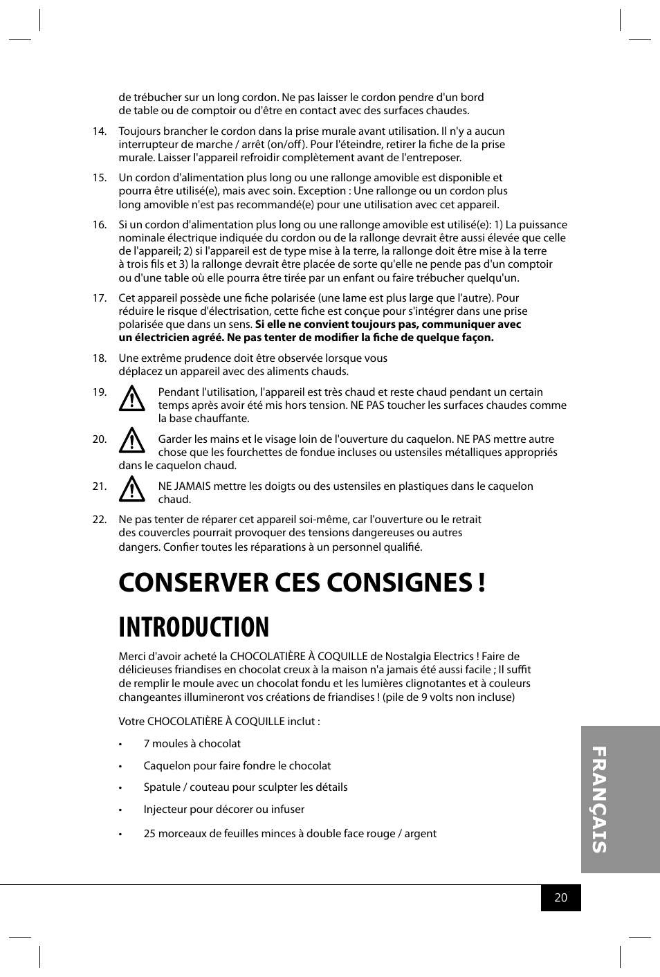 Introduction, Conserver ces consignes | Nostalgia Electrics HCC360 User Manual | Page 22 / 28