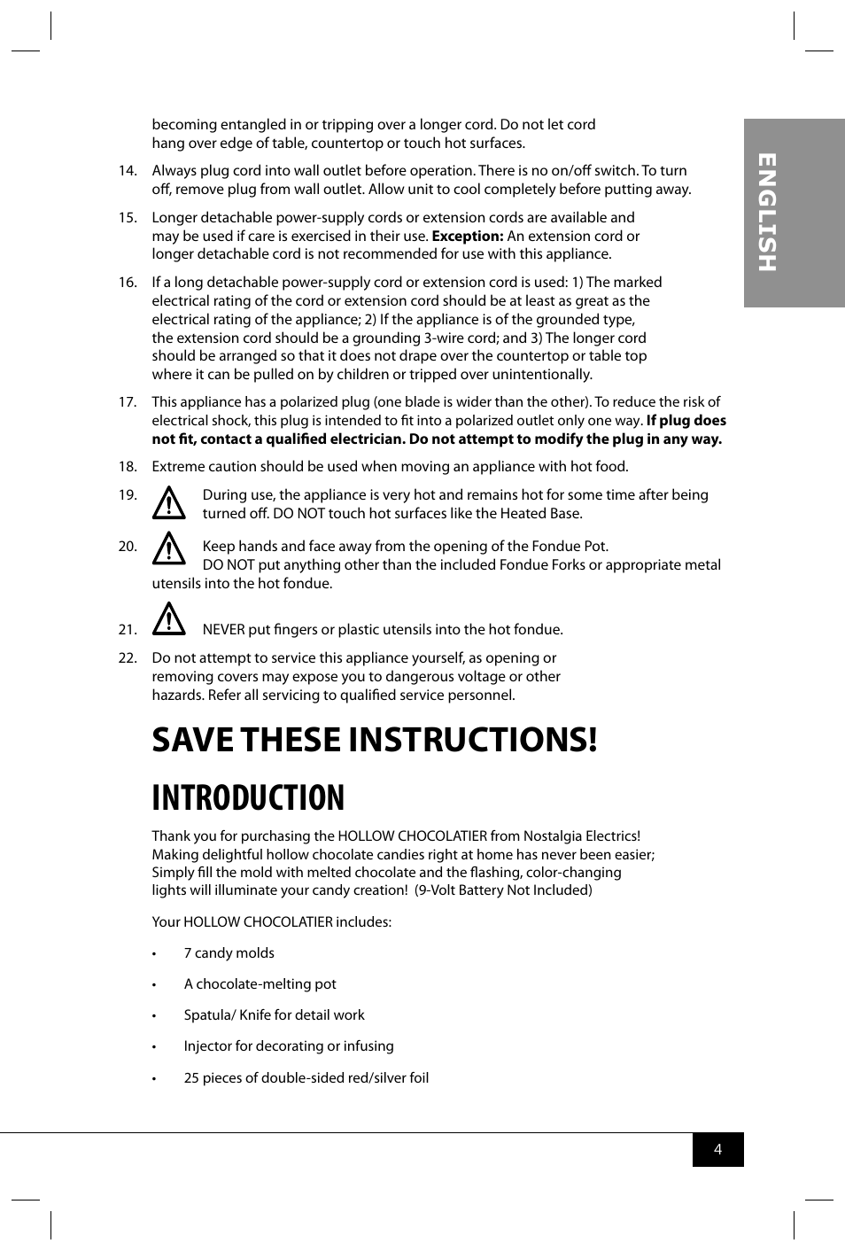 Introduction, Save these instructions, En g li s h | Nostalgia Electrics HCC360 User Manual | Page 6 / 28