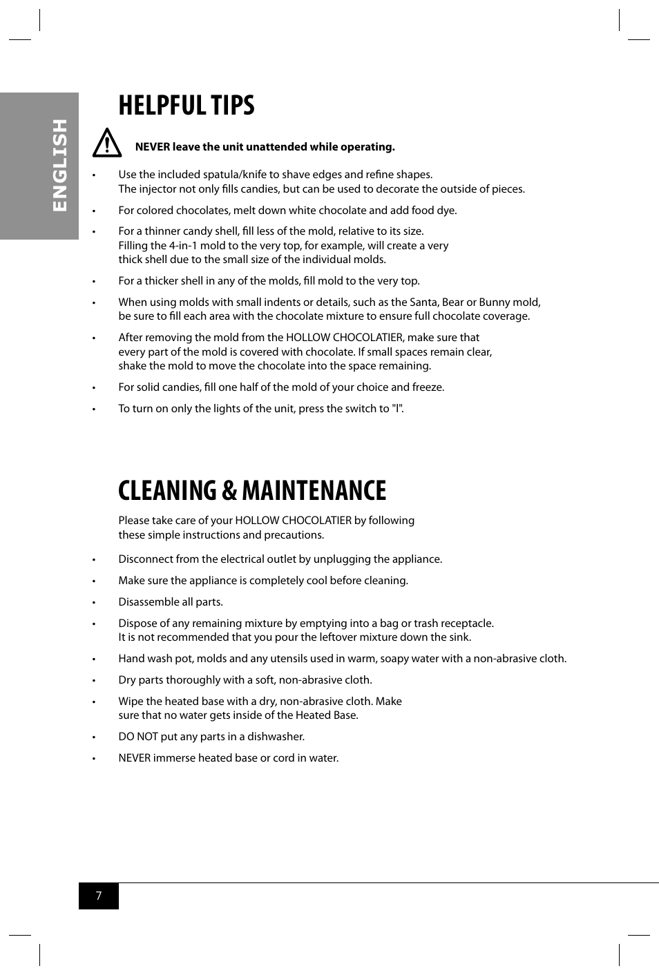 Helpful tips, Cleaning & maintenance, En g li s h | Nostalgia Electrics HCC360 User Manual | Page 9 / 28