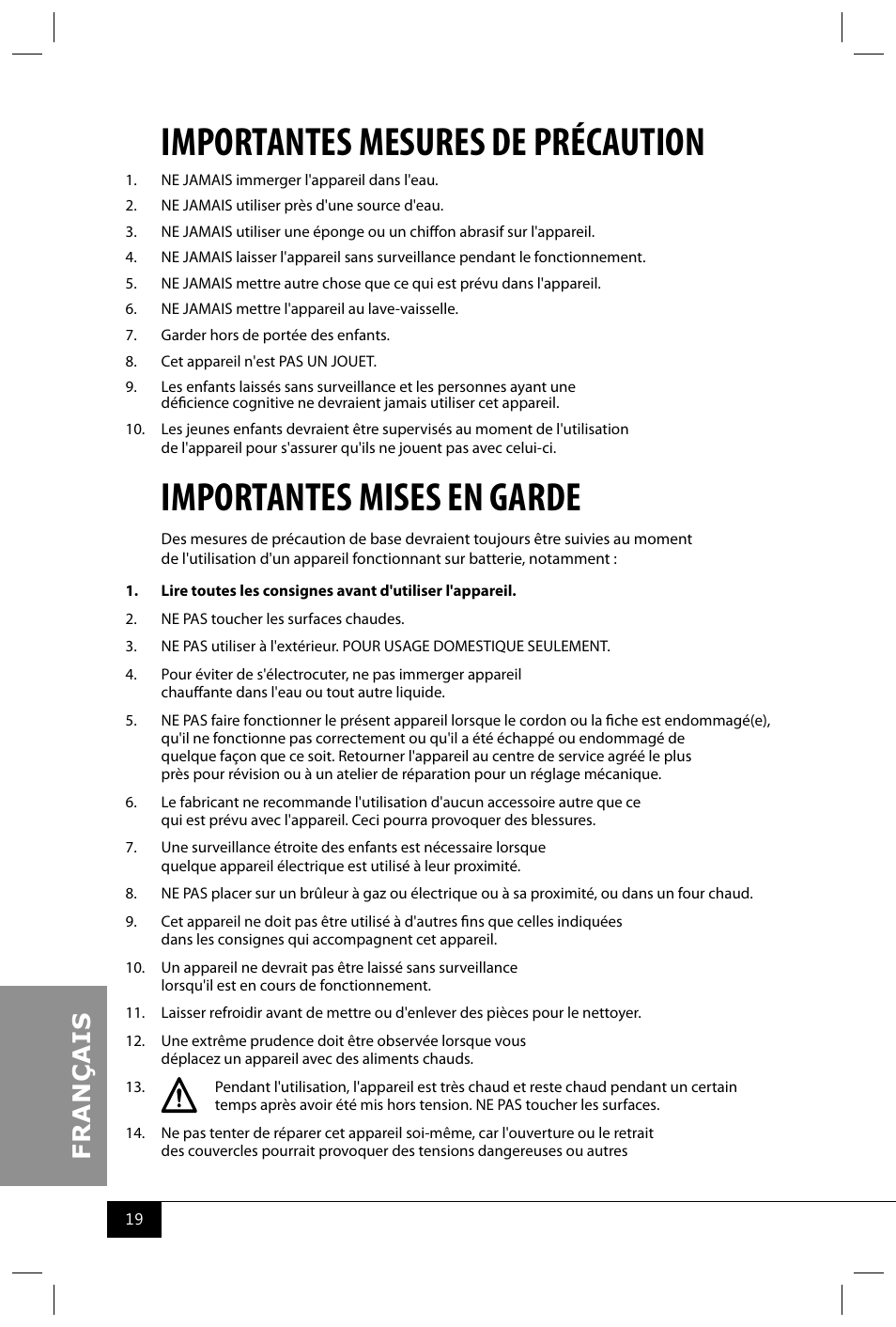 Importantes mesures de précaution, Importantes mises en garde | Nostalgia Electrics HCC100NP User Manual | Page 21 / 28