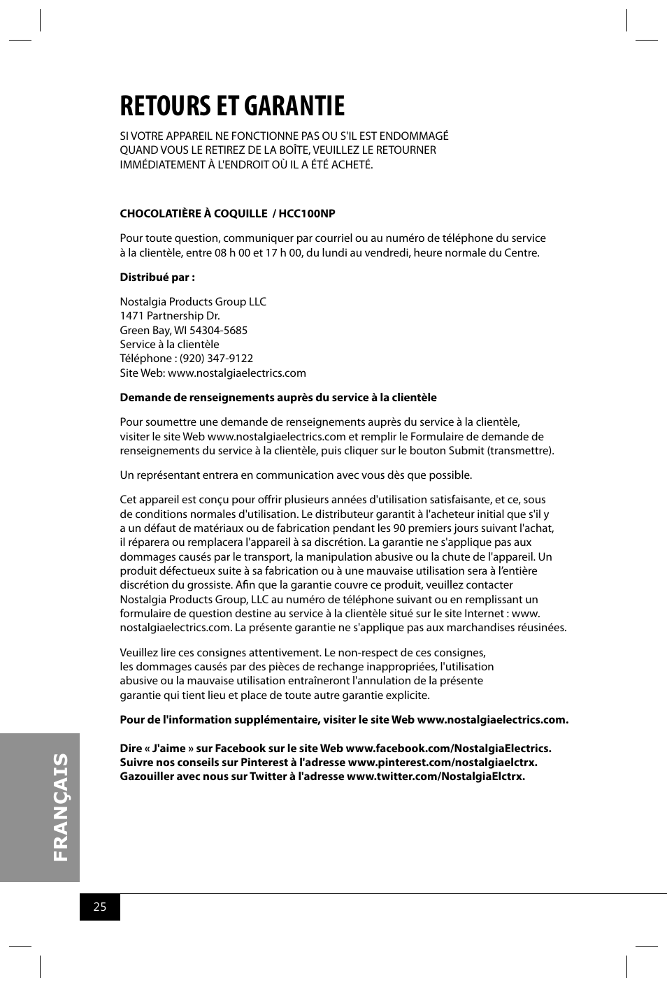 Retours et garantie | Nostalgia Electrics HCC100NP User Manual | Page 27 / 28