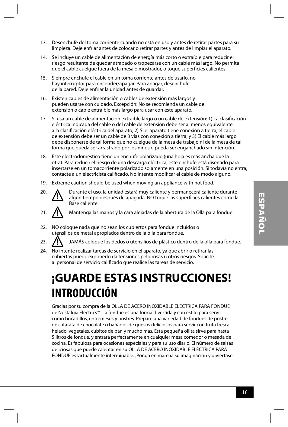 Introducción, Guarde estas instrucciones | Nostalgia Electrics FPS200 SERIES User Manual | Page 18 / 38