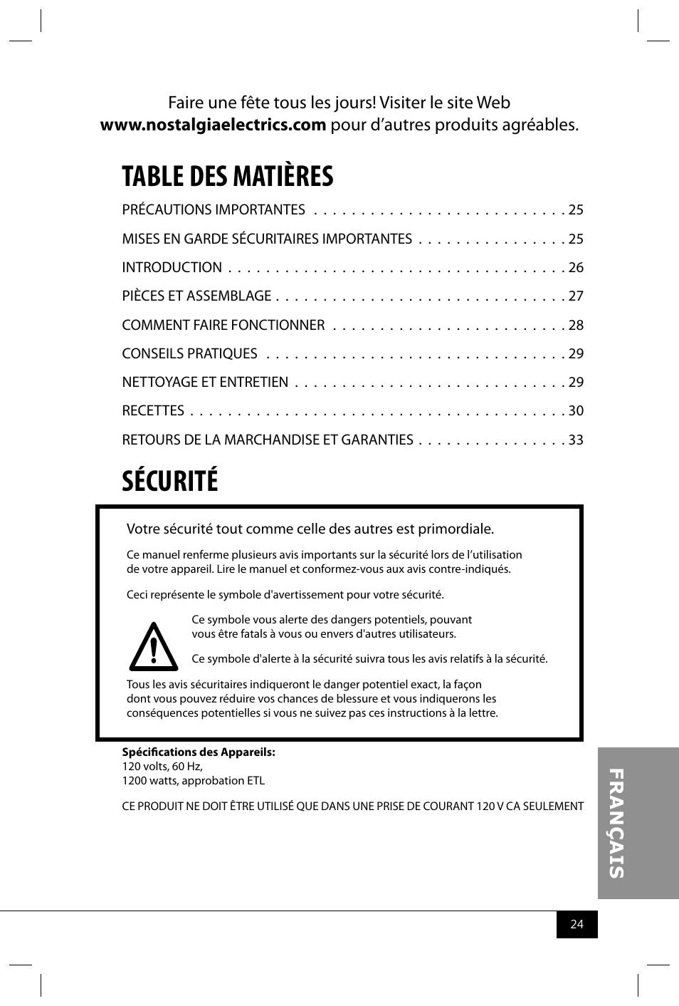 Nostalgia Electrics FPS200 SERIES User Manual | Page 26 / 38