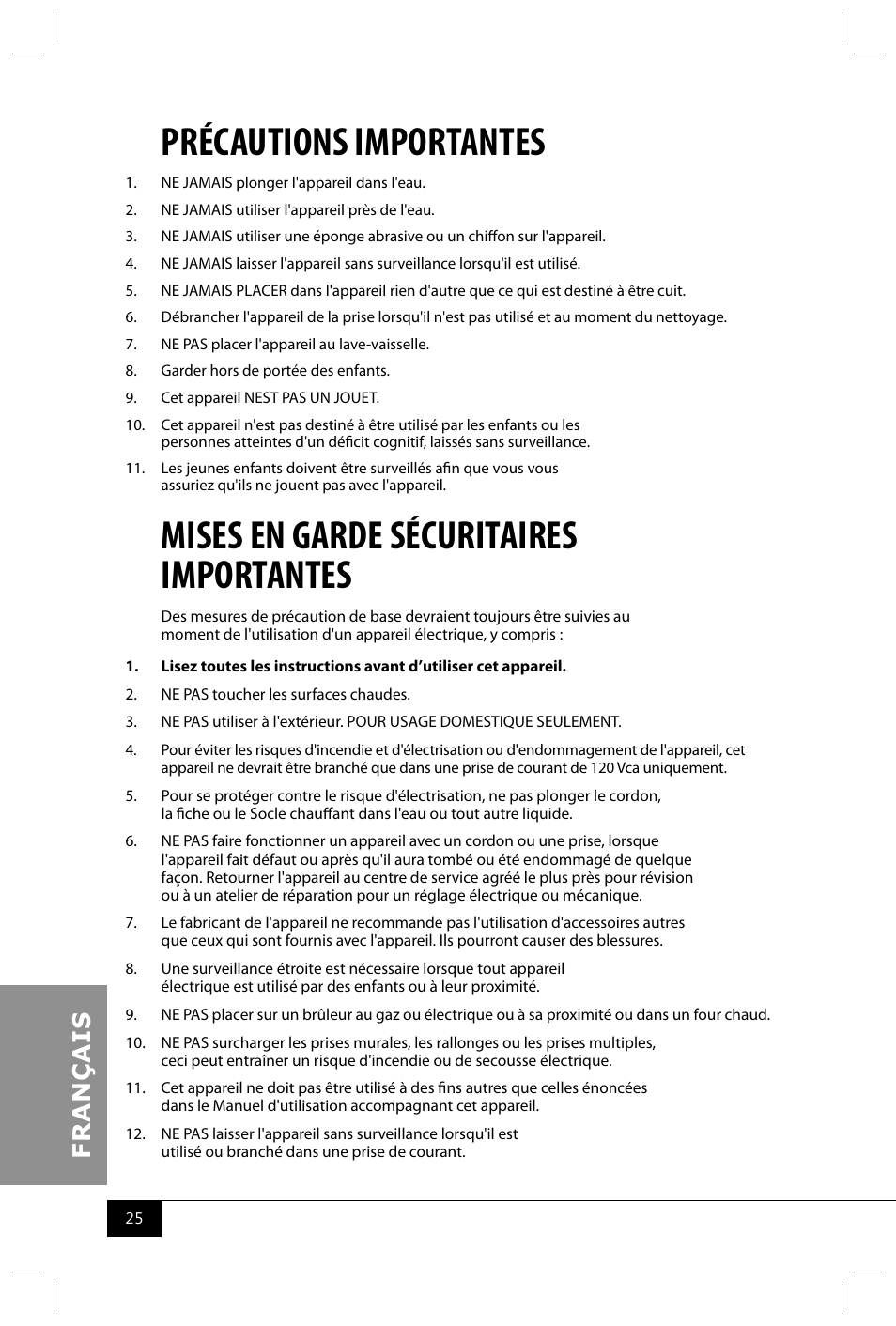 Précautions importantes, Mises en garde sécuritaires importantes | Nostalgia Electrics FPS200 SERIES User Manual | Page 27 / 38