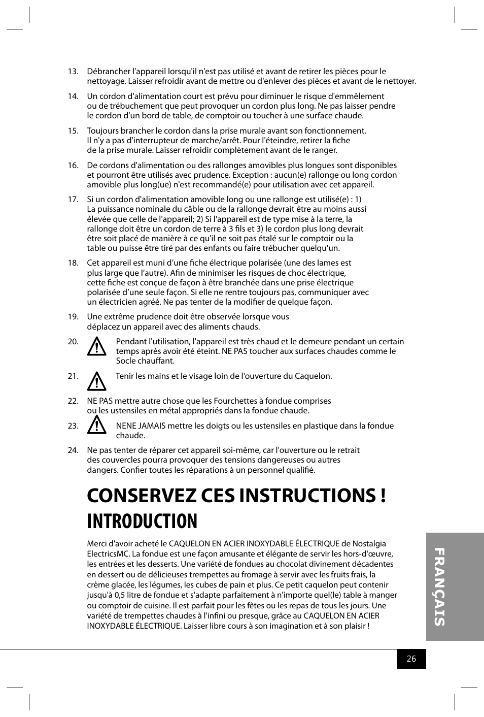 Introduction, Conservez ces instructions | Nostalgia Electrics FPS200 SERIES User Manual | Page 28 / 38