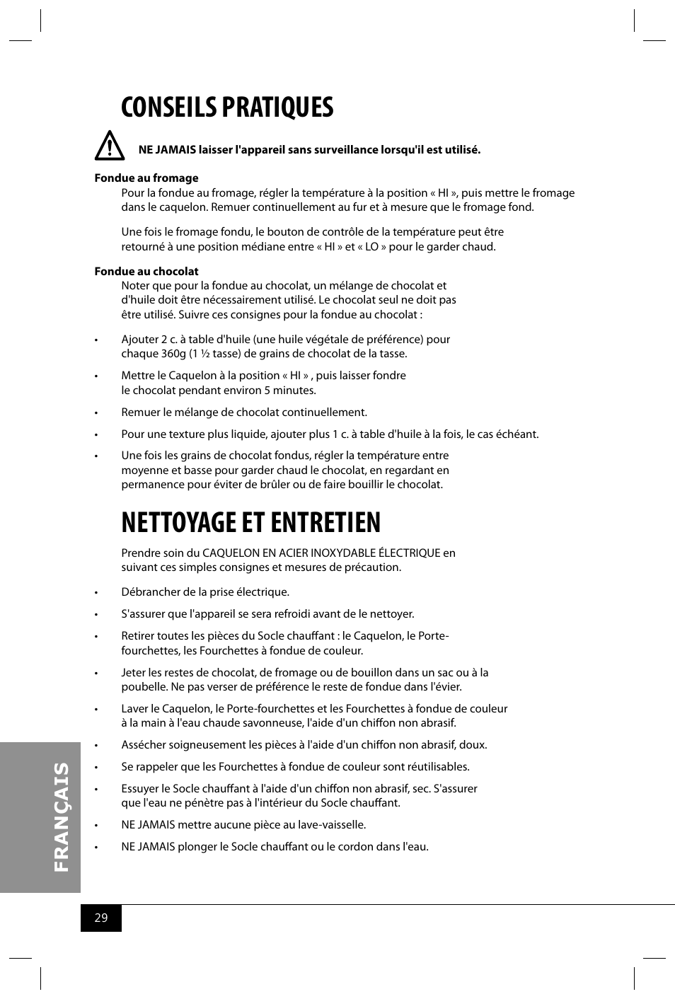 Conseils pratiques, Nettoyage et entretien | Nostalgia Electrics FPS200 SERIES User Manual | Page 31 / 38