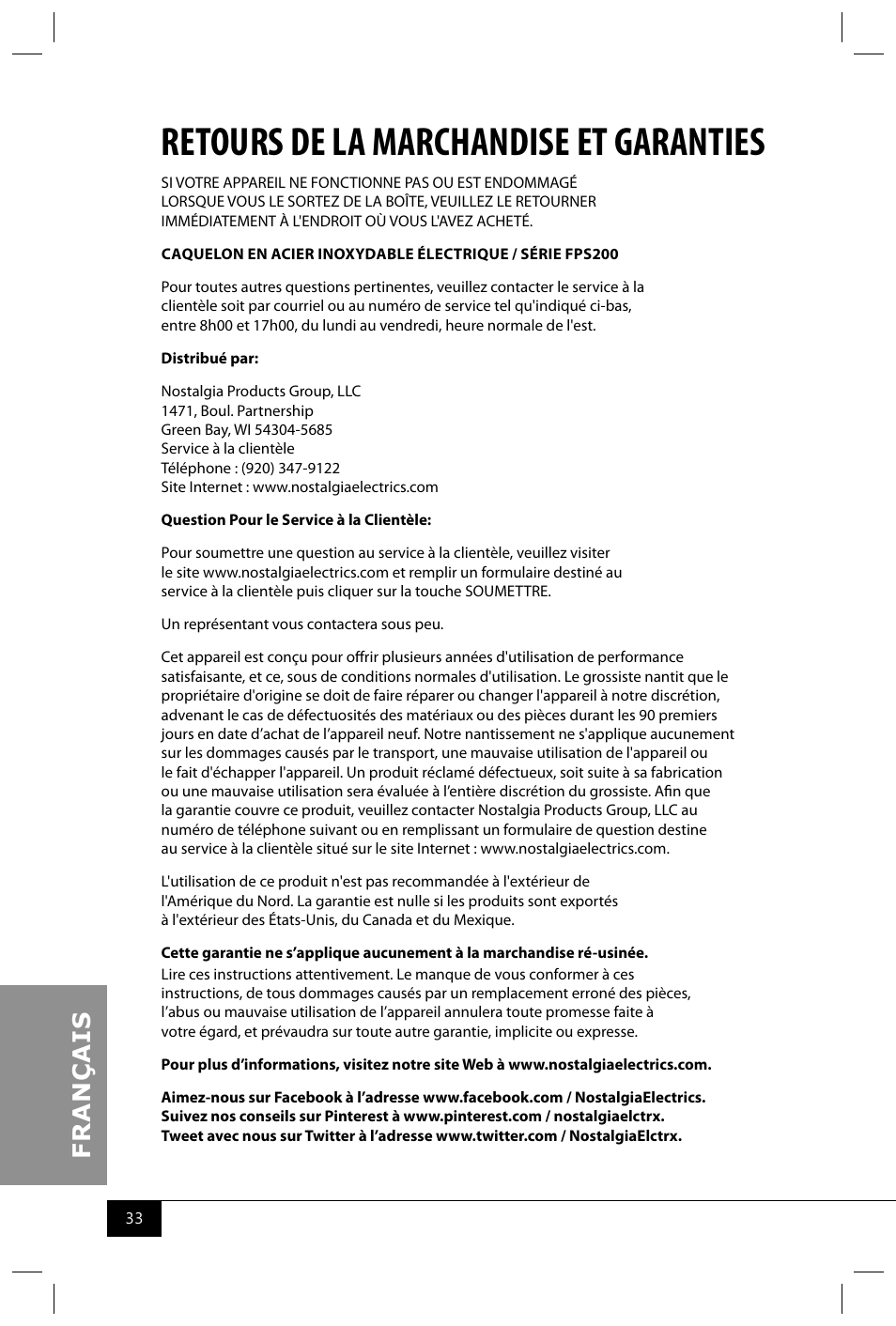Retours de la marchandise et garanties | Nostalgia Electrics FPS200 SERIES User Manual | Page 35 / 38