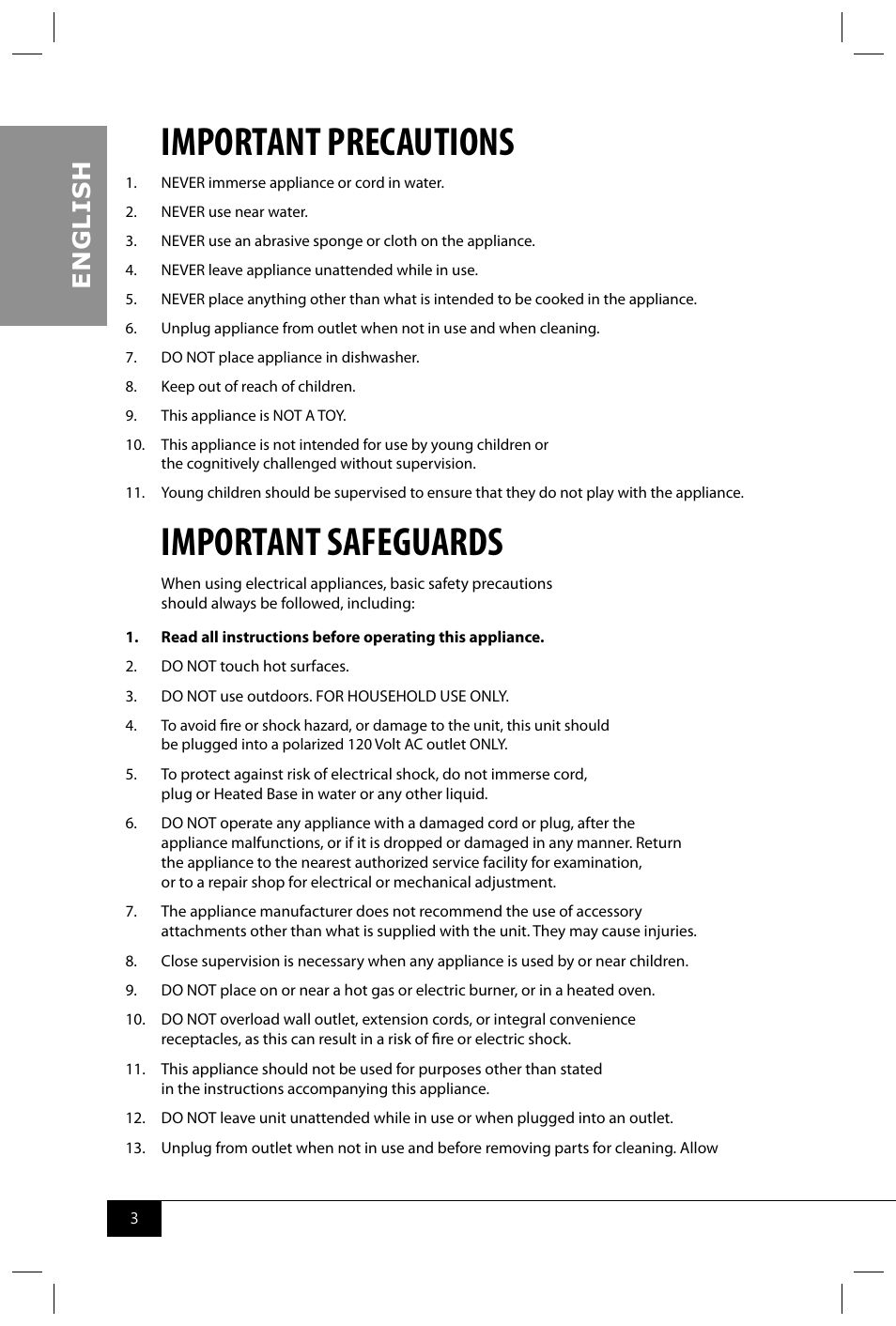 Important precautions, Important safeguards, En g li s h | Nostalgia Electrics FPS200 SERIES User Manual | Page 5 / 38