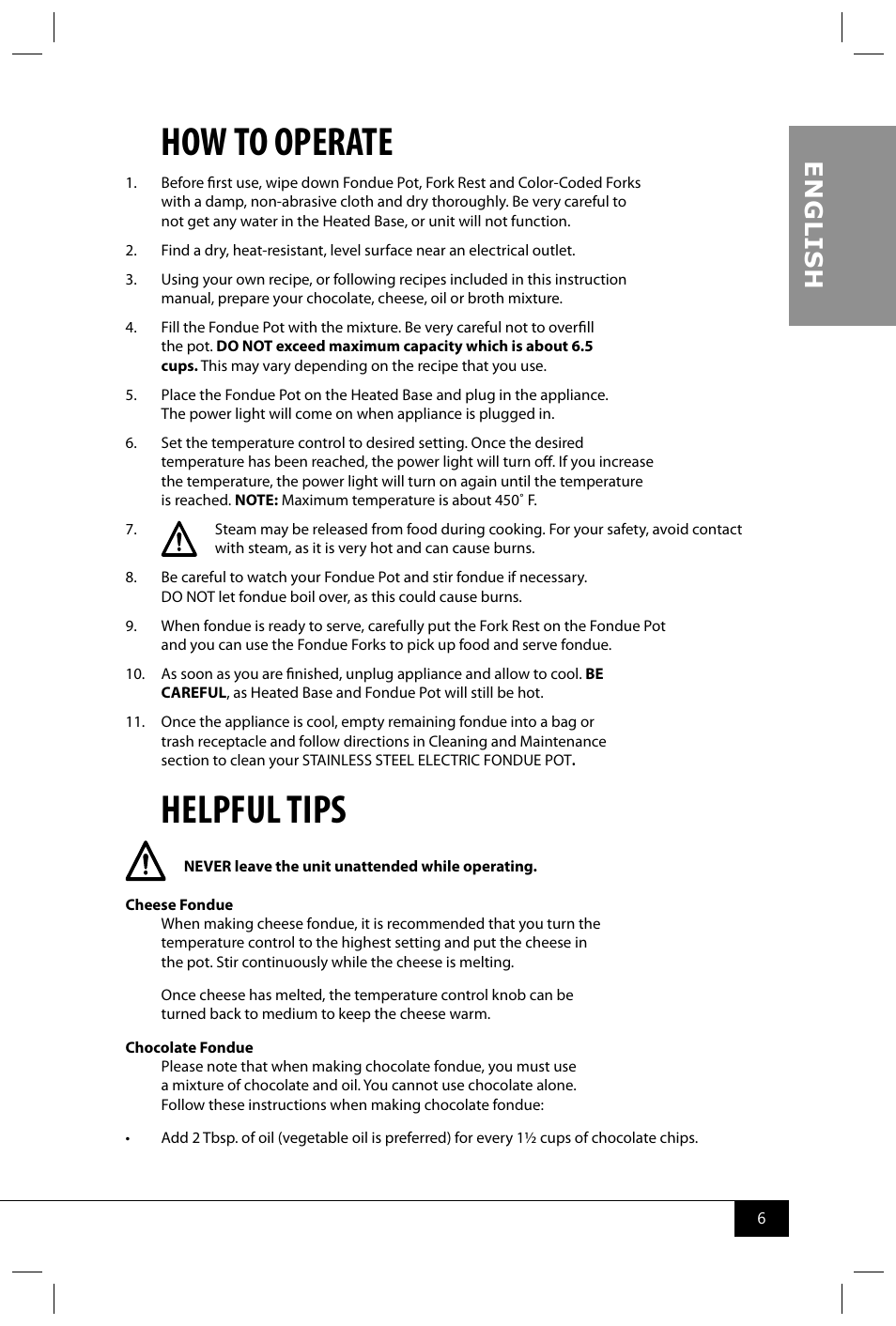 How to operate, Helpful tips, En g li s h | Nostalgia Electrics FPS200 SERIES User Manual | Page 8 / 38