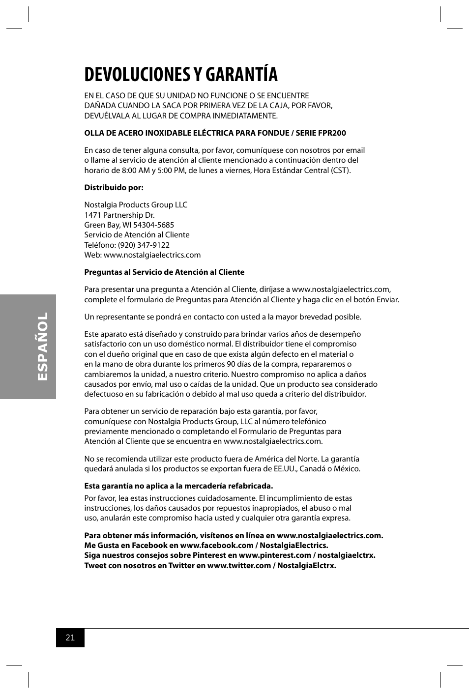 Devoluciones y garantía | Nostalgia Electrics FPR200 SERIES User Manual | Page 23 / 34