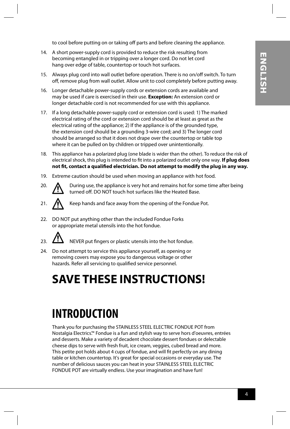 Introduction, Save these instructions, En g li s h | Nostalgia Electrics FPR200 SERIES User Manual | Page 6 / 34