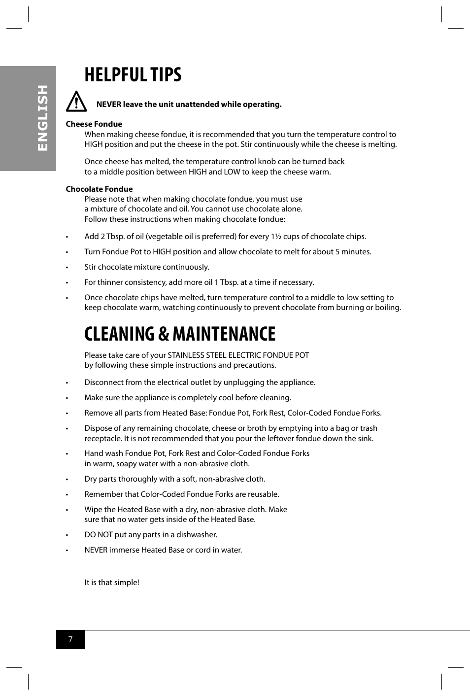 Helpful tips, Cleaning & maintenance, En g li s h | Nostalgia Electrics FPR200 SERIES User Manual | Page 9 / 34