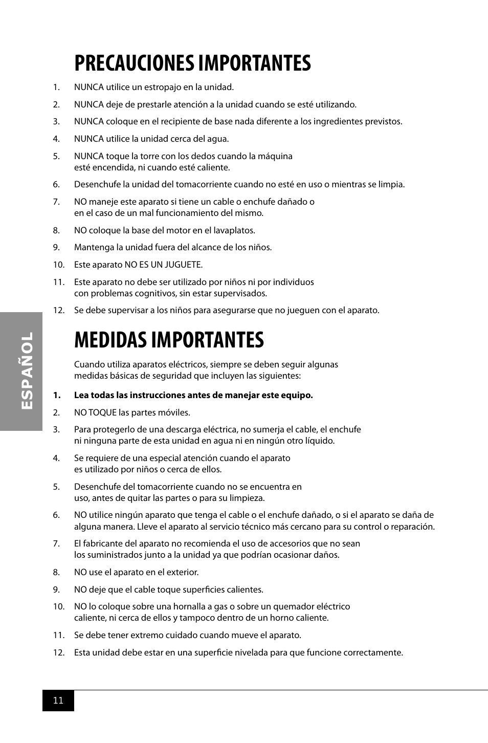 Precauciones importantes, Medidas importantes | Nostalgia Electrics CFF986 User Manual | Page 13 / 28