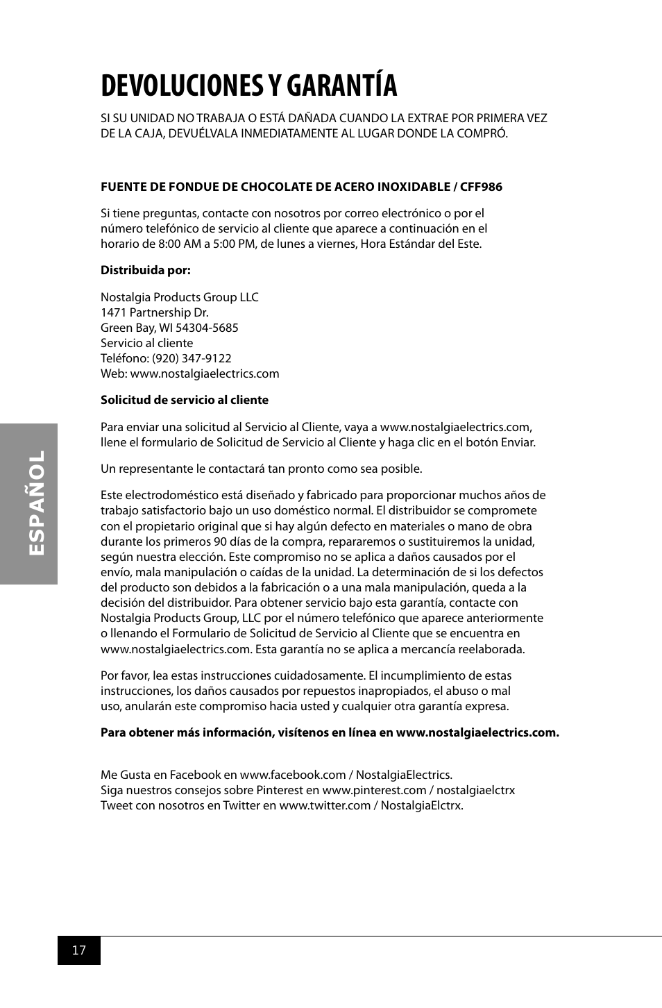 Devoluciones y garantía | Nostalgia Electrics CFF986 User Manual | Page 19 / 28
