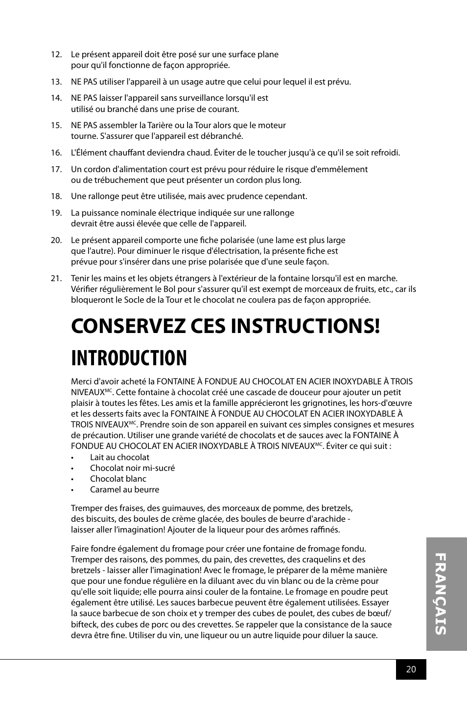 Introduction, Conservez ces instructions | Nostalgia Electrics CFF986 User Manual | Page 22 / 28