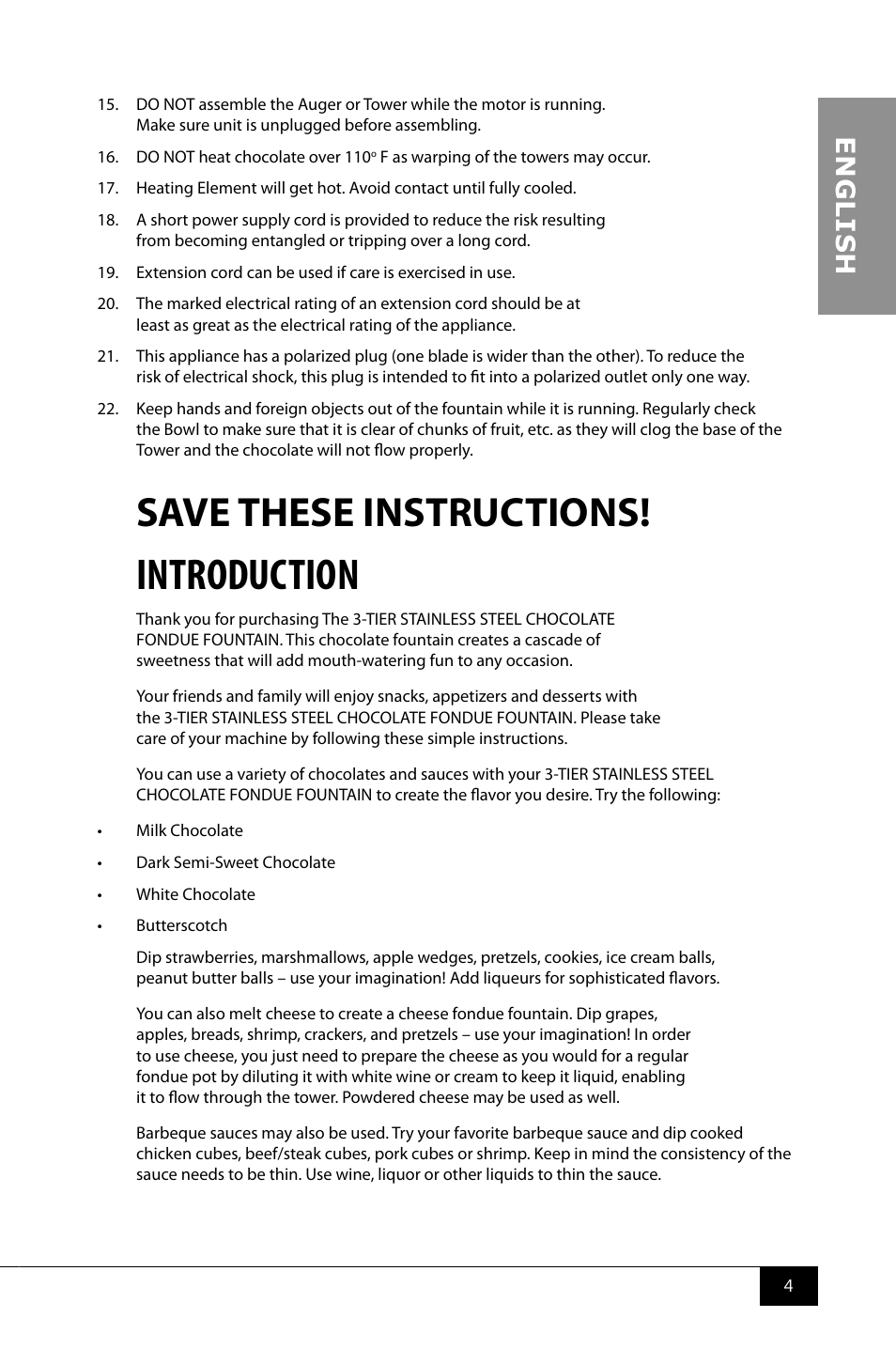 Introduction, Save these instructions, En g li s h | Nostalgia Electrics CFF986 User Manual | Page 6 / 28