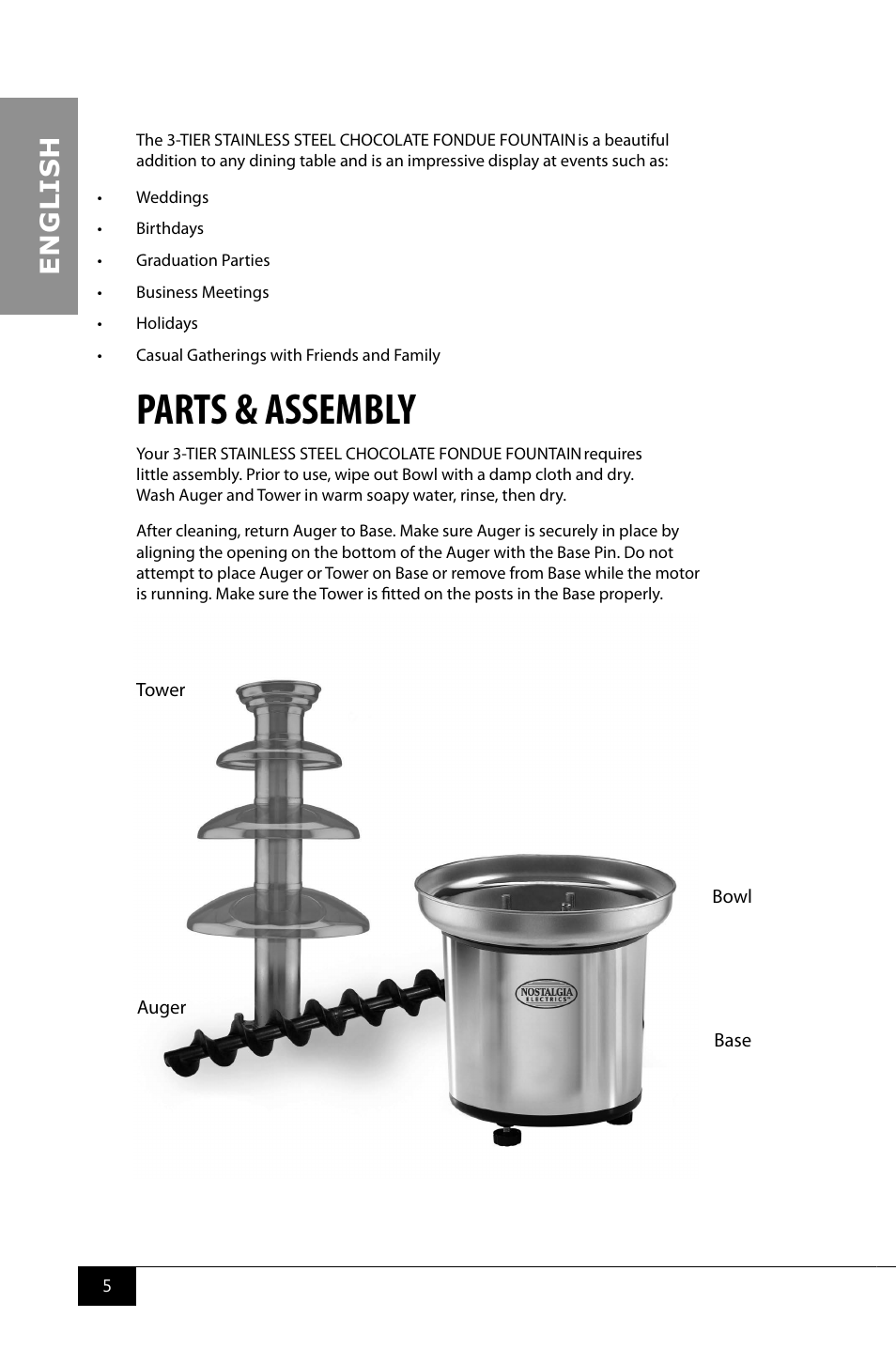 Parts & assembly, En g li s h | Nostalgia Electrics CFF986 User Manual | Page 7 / 28