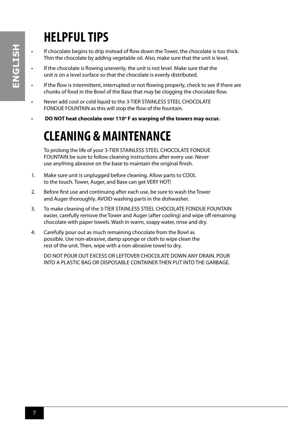 Helpful tips, Cleaning & maintenance, En g li s h | Nostalgia Electrics CFF986 User Manual | Page 9 / 28