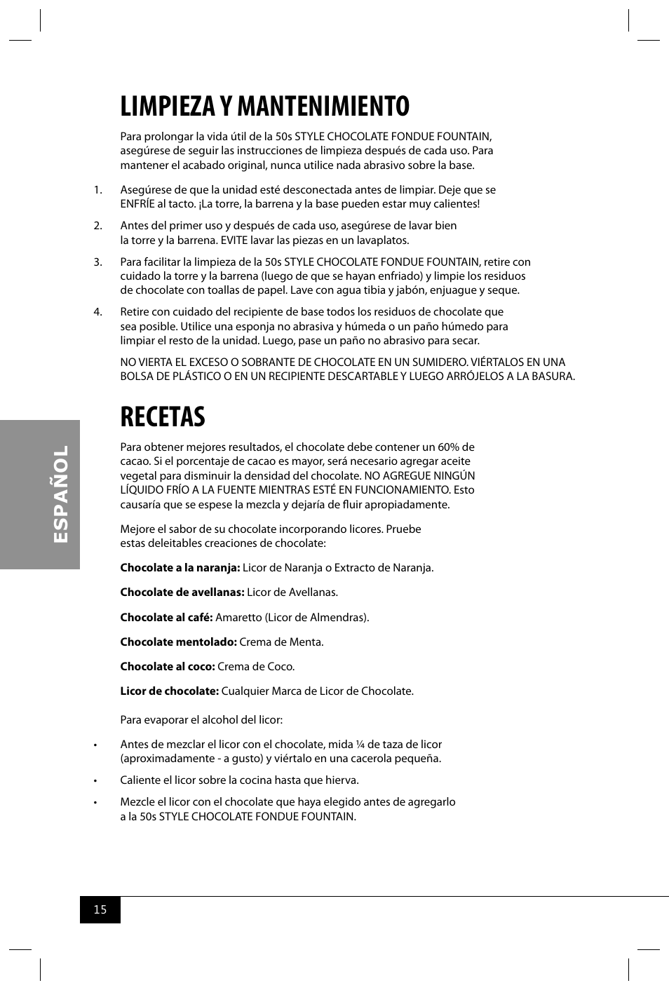 Limpieza y mantenimiento, Recetas | Nostalgia Electrics RFF600 SERIES User Manual | Page 17 / 26