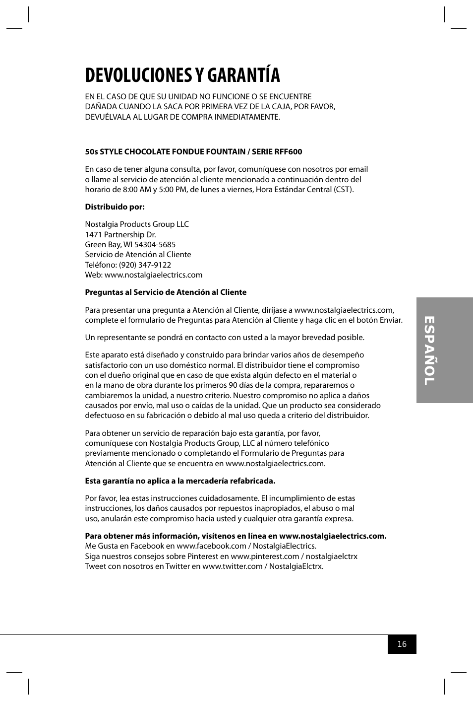 Devoluciones y garantía | Nostalgia Electrics RFF600 SERIES User Manual | Page 18 / 26