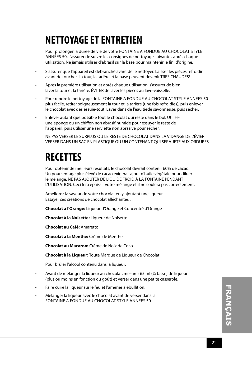 Nettoyage et entretien, Recettes | Nostalgia Electrics RFF600 SERIES User Manual | Page 24 / 26