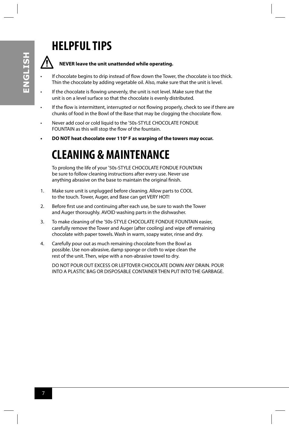 Helpful tips, Cleaning & maintenance, En g li s h | Nostalgia Electrics RFF600 SERIES User Manual | Page 9 / 26